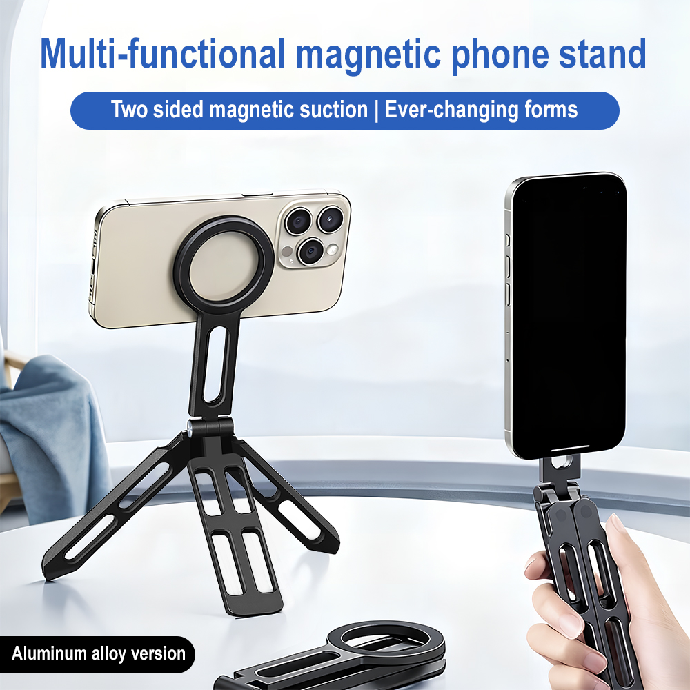 Photography With Lighting - マグネット式スマホホルダー 四軸360度回転 ° 回転折りたたみ式自撮り棒 アルミ合金製ポータブルポケット三脚スタンド Vlogライブ用